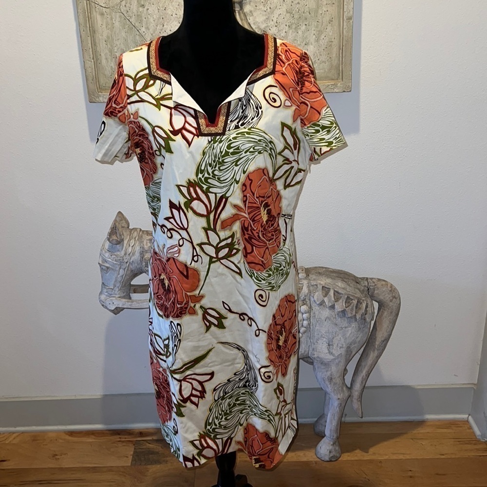 Dana Buchman cotton floral print shift dress Sz 14 short sleeves Boho
